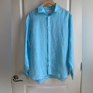 Men’s 100% Linen Sky Blue Casual Button Down Shirt Italian Size Medium